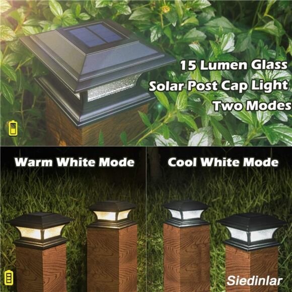 Solar Post Lights Glass LED Fence Cap Light 2 Modes for 4x4 5x5 6x6 Posts Deck - Picture 2 of 7
